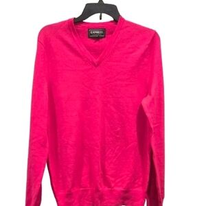 Express Italian Merino Wool Hot Pink V-Neck Sweater Small Y2K Dopamine Dressing